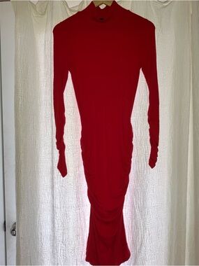 Red Long-Sleeve Ruched Bodycon Dress